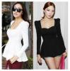 Women s Vintage Square Neck Puff Sleeve Peplum Top Slim Fit T shirt Blouse
