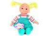 Nagyon kedves mosolygs arc Dolly jtkbaba szke copfokkal A baba vilgoskk ruht s cskos felst ho